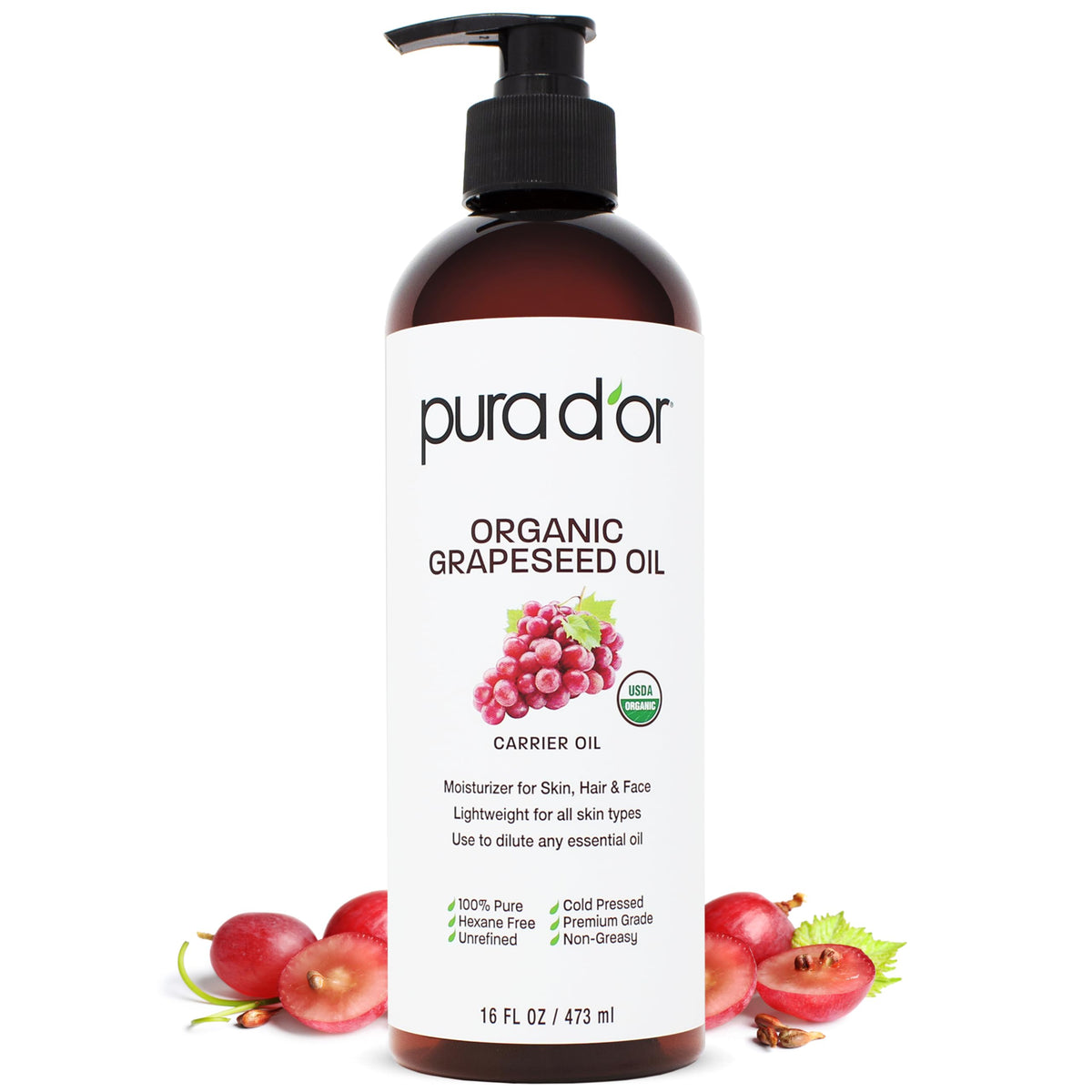 PURA D'OR Grapeseed Oil bottle for light, fast-absorbing skin and hair care.