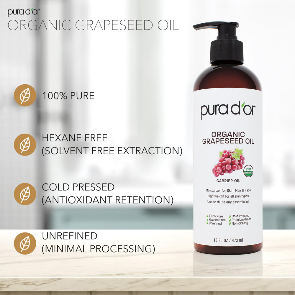 PURA D'OR grapeseed oil hair application aids hydration and detangling.