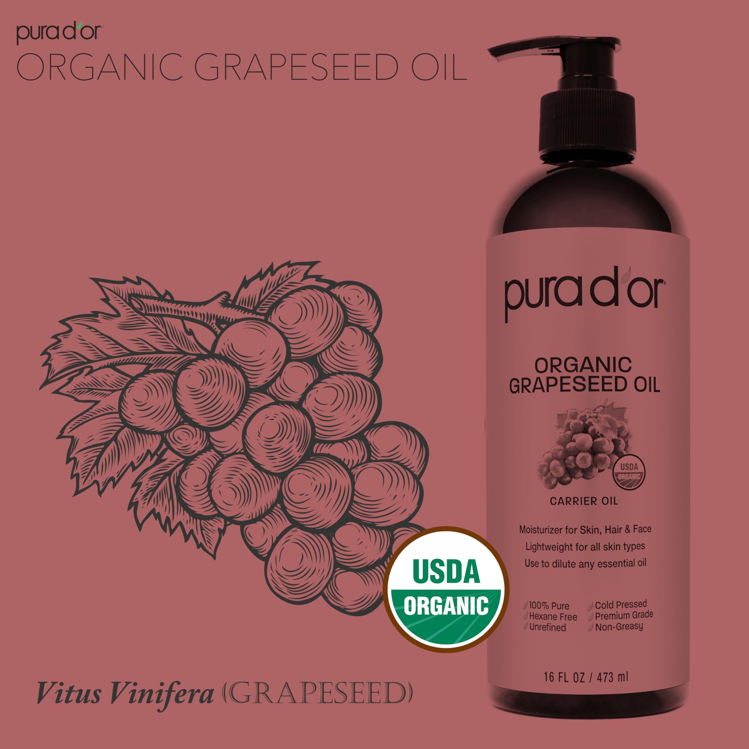 PURA D'OR grapeseed oil non-comedogenic helps moisturize without clogging pores.