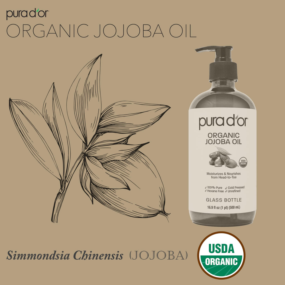 PURA D'OR Jojoba Oil in amber glass bottle enhances skincare and self-care routines.