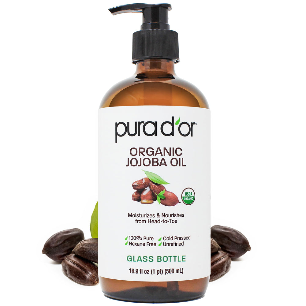 PURA D'OR Jojoba Oil glass bottle close-up for pure hydration and care.