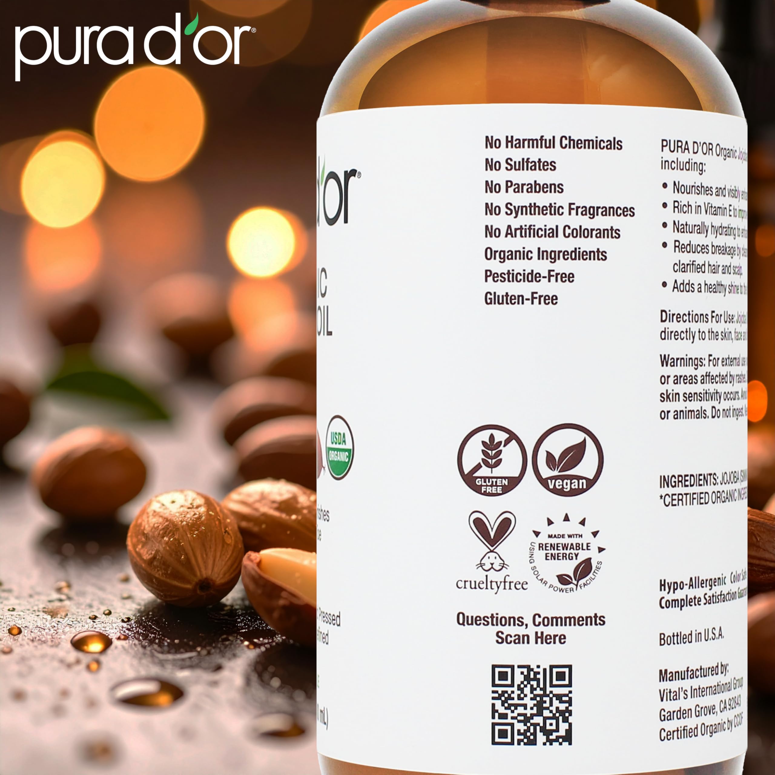PURA D'OR Jojoba Oil for nails and hair care, versatile daily use.