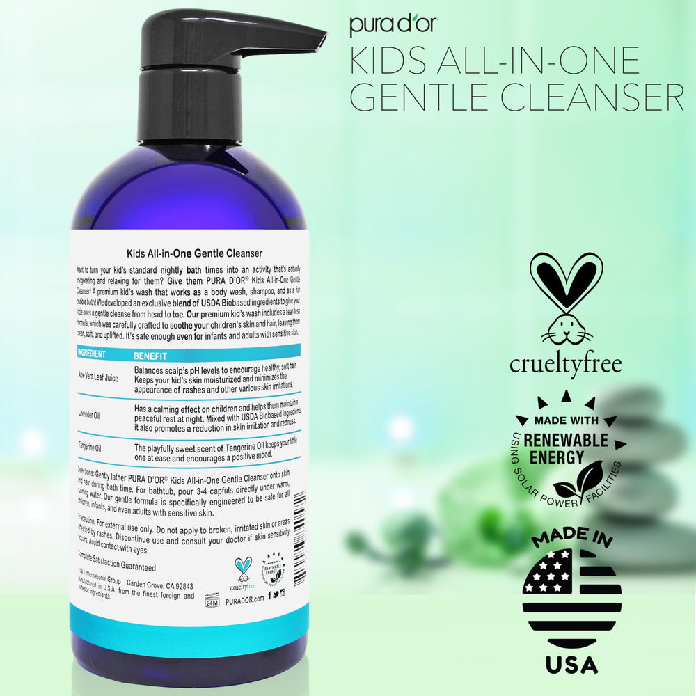 PURA D'OR Kids Wash natural ingredients with aloe vera and biobased formula.