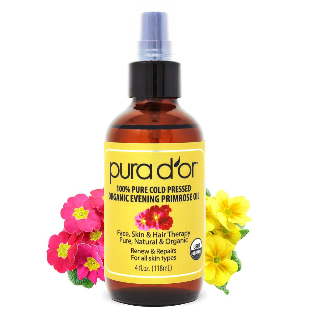 PURA D'OR Organic Evening Primrose Oil bottle on a light counter for daily skincare hydration.