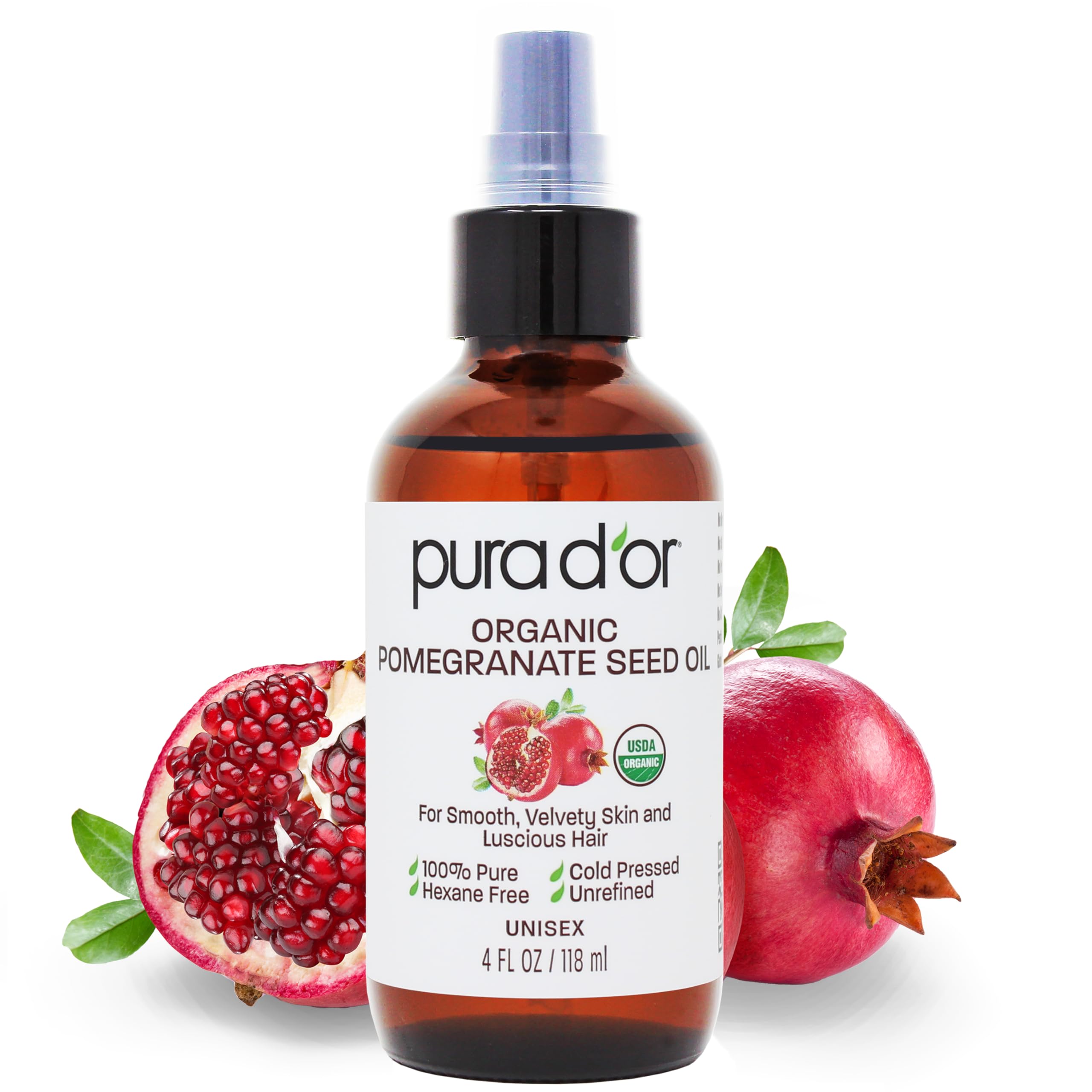 Pura D'or organic pomegranate oil bottle for skin nourishment and hair care.