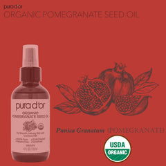 Pura D'or organic pomegranate oil closeup shows rich golden clarity.