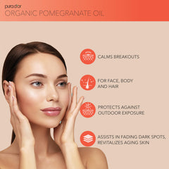 Pura D'or organic pomegranate oil dropper enables precise facial application.