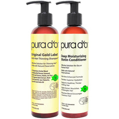 PURA D'OR Original Gold Label shampoo 8oz bottle on shelf suggesting thicker-looking hair potential.