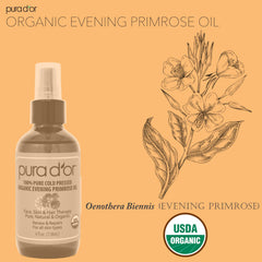 PURA D'OR Primrose Oil bottle on wood surface signaling hydration and rejuvenation.