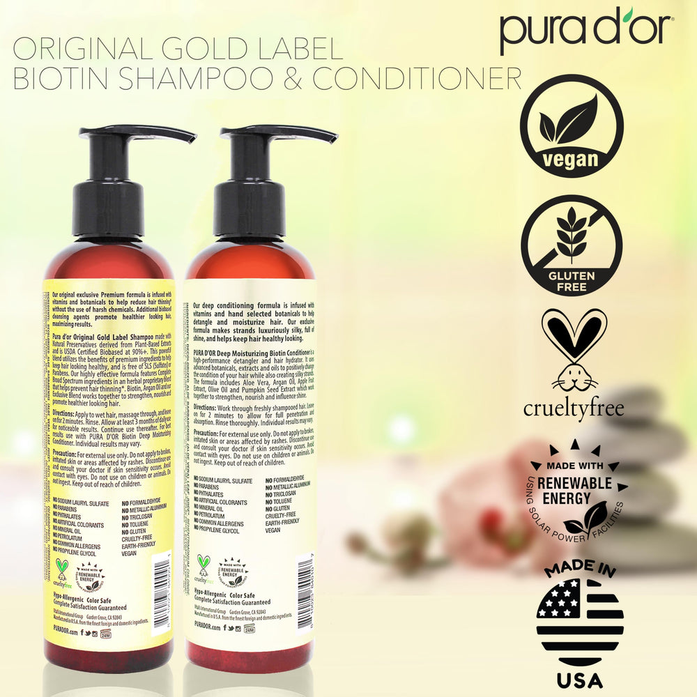 PURA D'OR shampoo bottle in use illustrating daily care for fuller-looking hair.