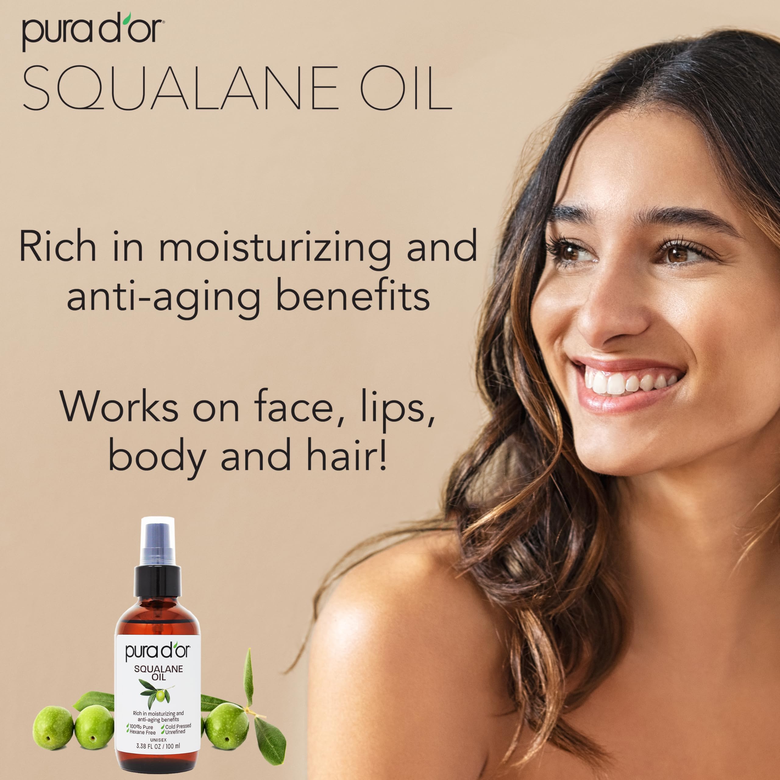Hair shine and softness from PURA D'OR Squalane Oil.