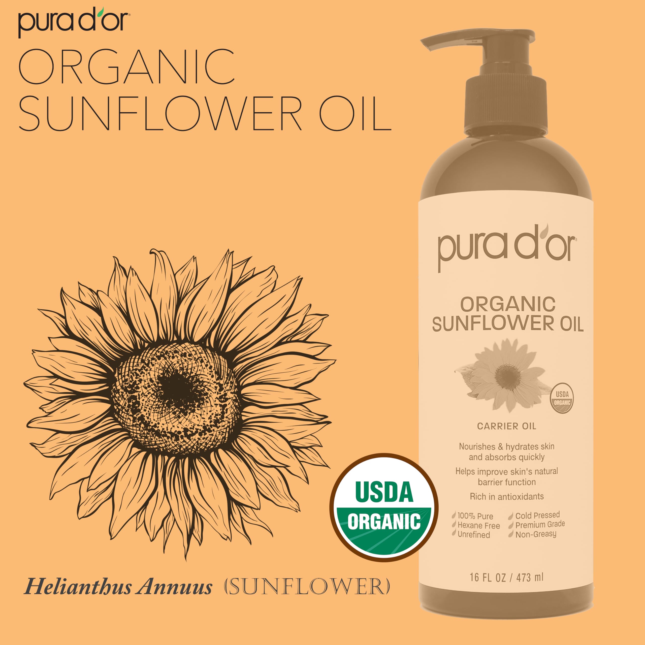 PURA D'OR Sunflower Oil use in hair care for shine and volume.