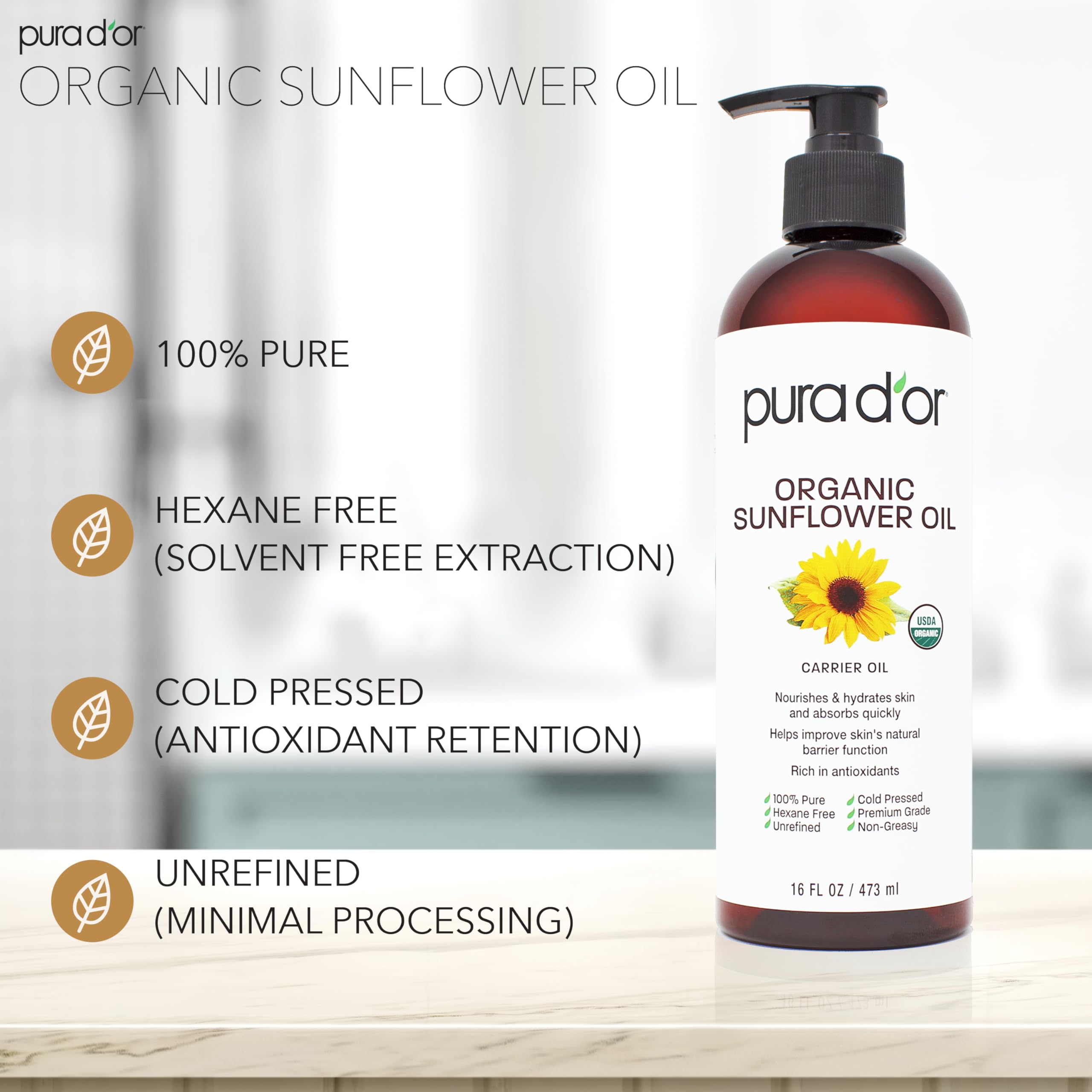 PURA D'OR Sunflower Oil texture showing lightweight, non-greasy feel for skin.