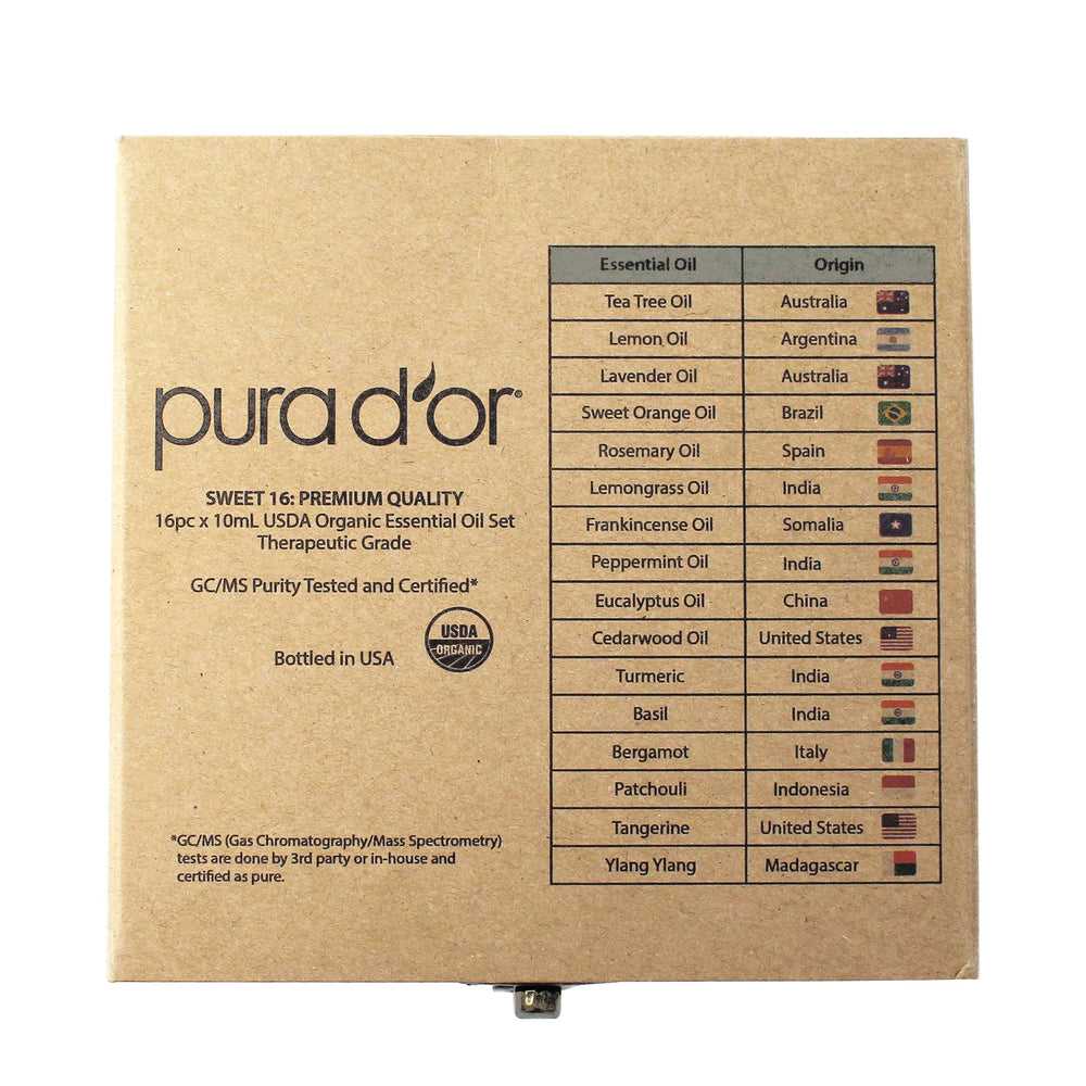 PURA D'OR Sweet16 Cedarwood bottle adds earthy notes to skincare routines.