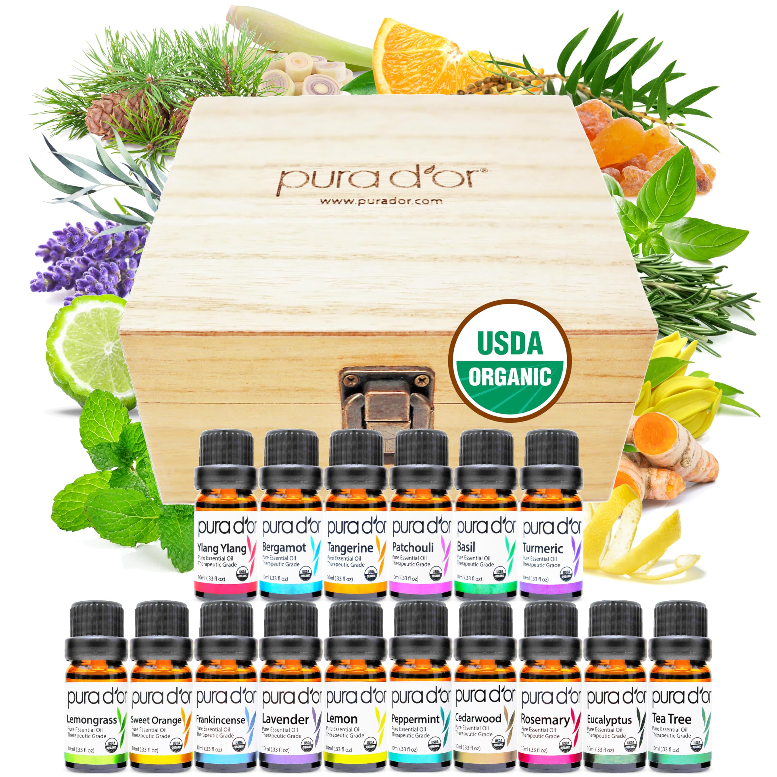 PURA D'OR Sweet16 wooden box display offers premium oils for home diffusion.