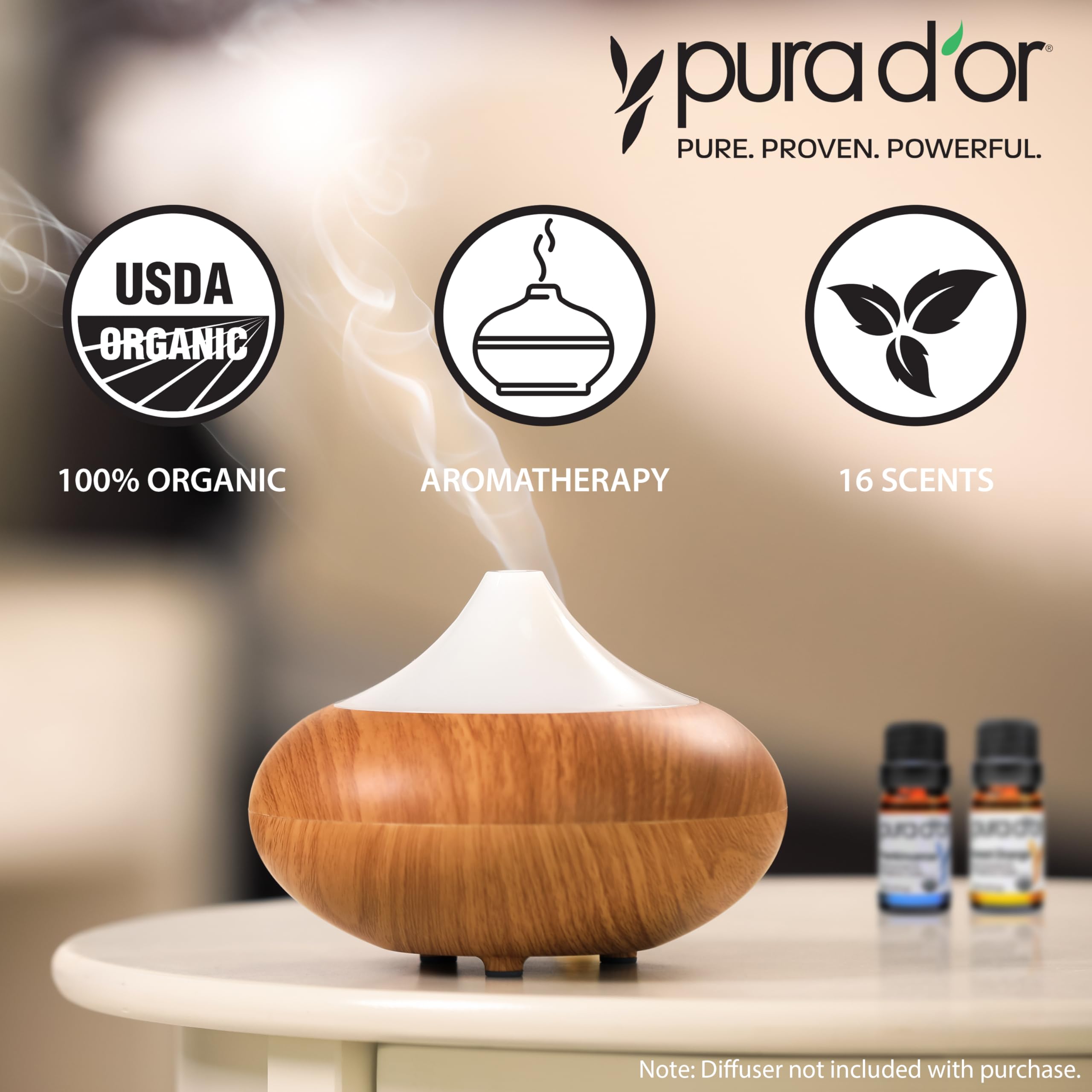 PURA D'OR Sweet16 Ylang Ylang bottle offers floral aroma for diffuser rituals.