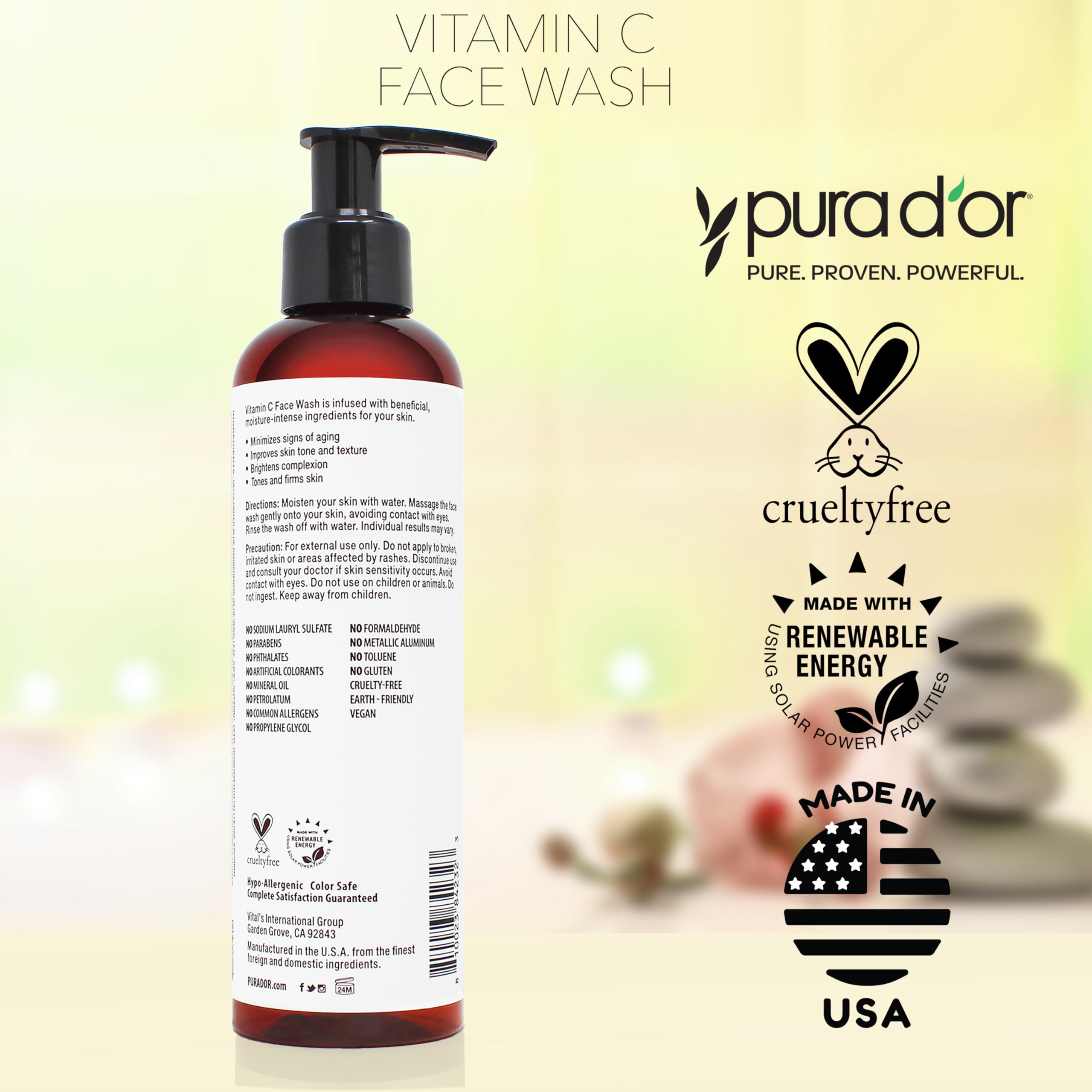 PURA D'OR Vitamin C Face Wash bottle on sink, evoking daily revitalization ritual.