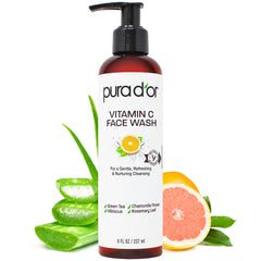 PURA D'OR Vitamin C Face Wash bottle closeup highlighting antioxidant protection for radiant skin.