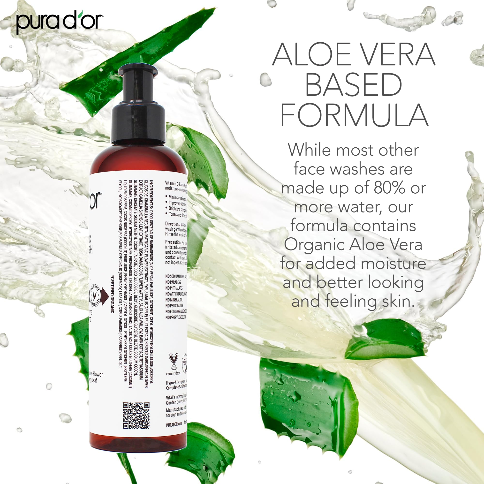 PURA D'OR Vitamin C Face Wash Hibiscus and Chamomile soothe skin during cleansing.
