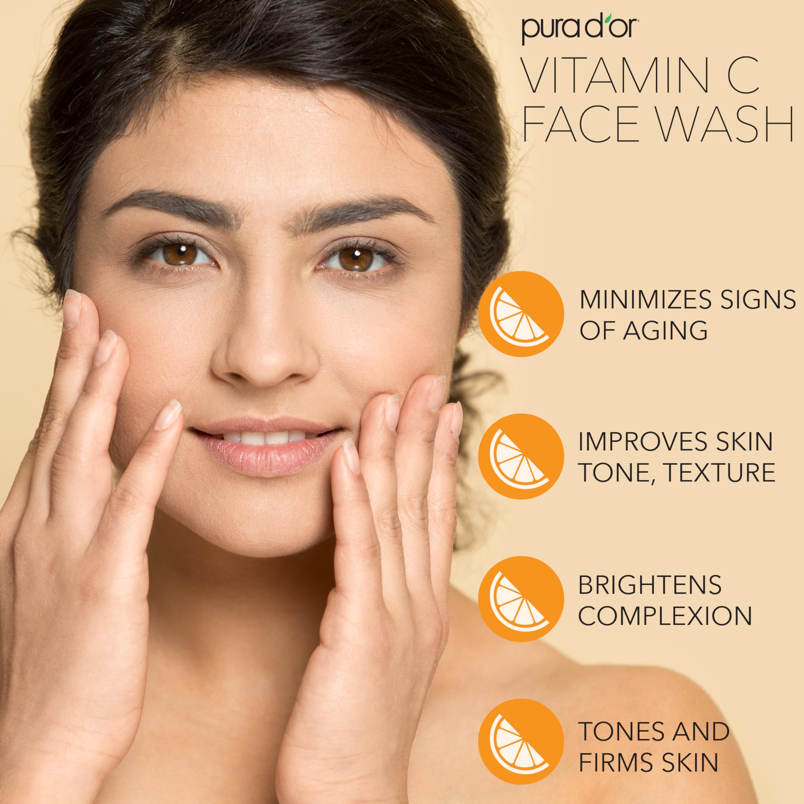 PURA D'OR Vitamin C Face Wash foaming pump in use, providing gentle cleansing and hydration.