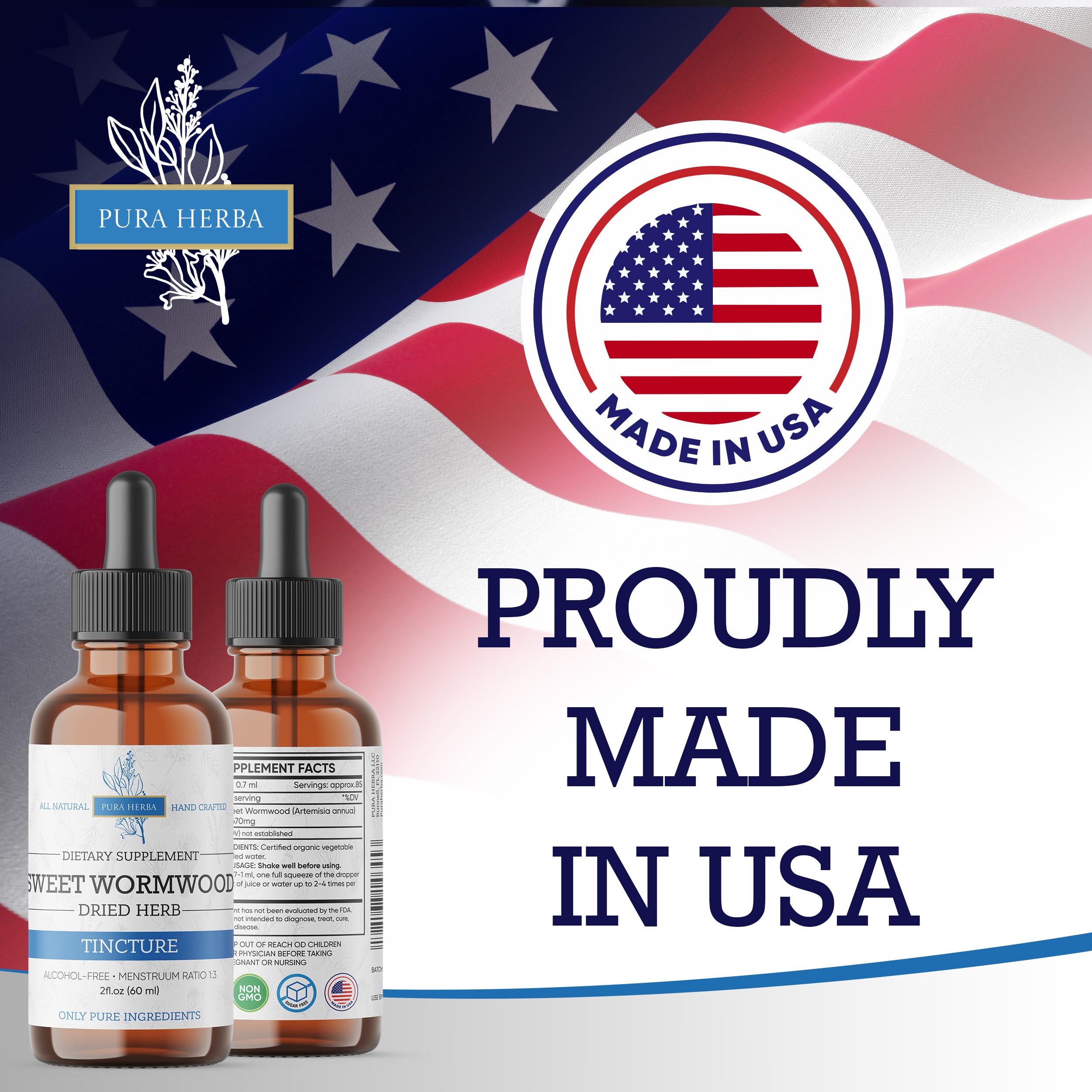Pura Herba Organic wormwood tincture label highlights vegan alcohol-free formula