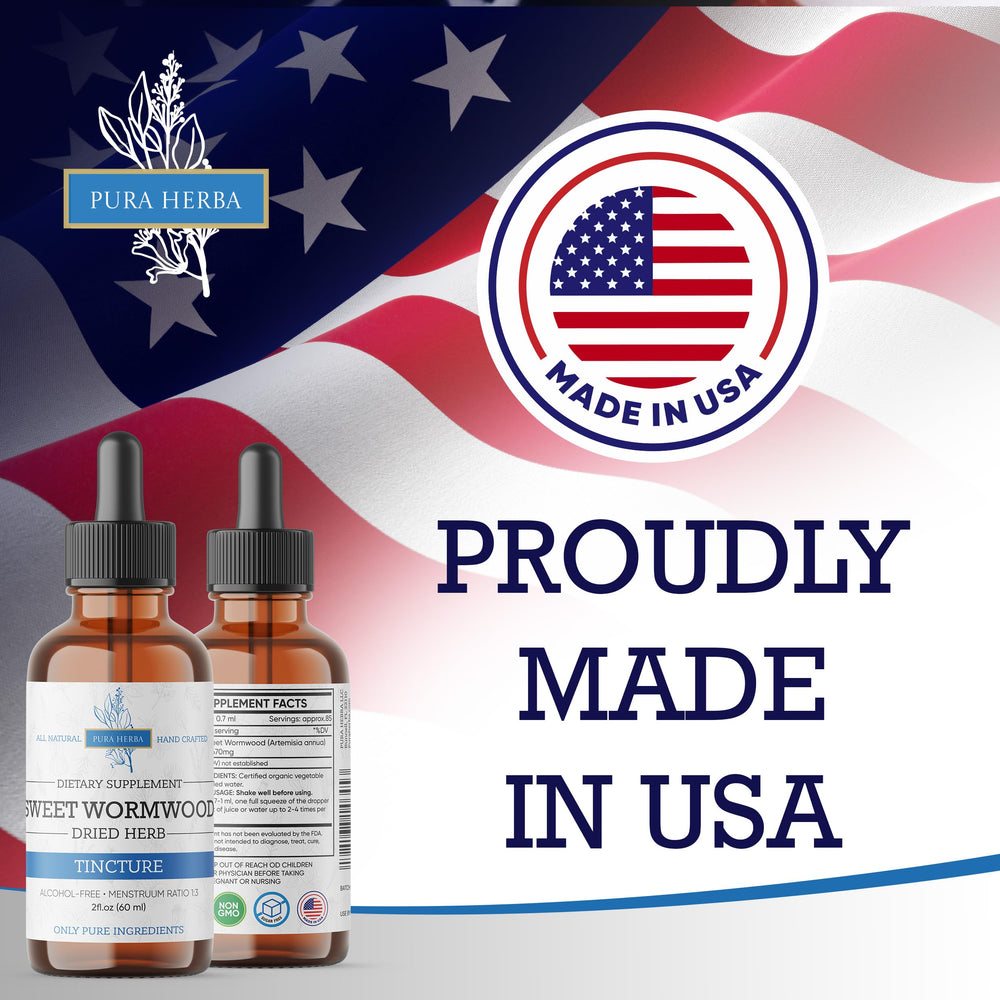 Pura Herba Organic wormwood tincture label highlights vegan alcohol-free formula