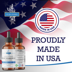 Pura Herba Organic wormwood tincture label highlights vegan alcohol-free formula