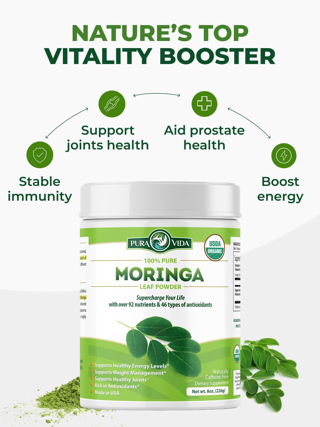 PURA VIDA MORINGA drying process visuals imply gentle premium preservation