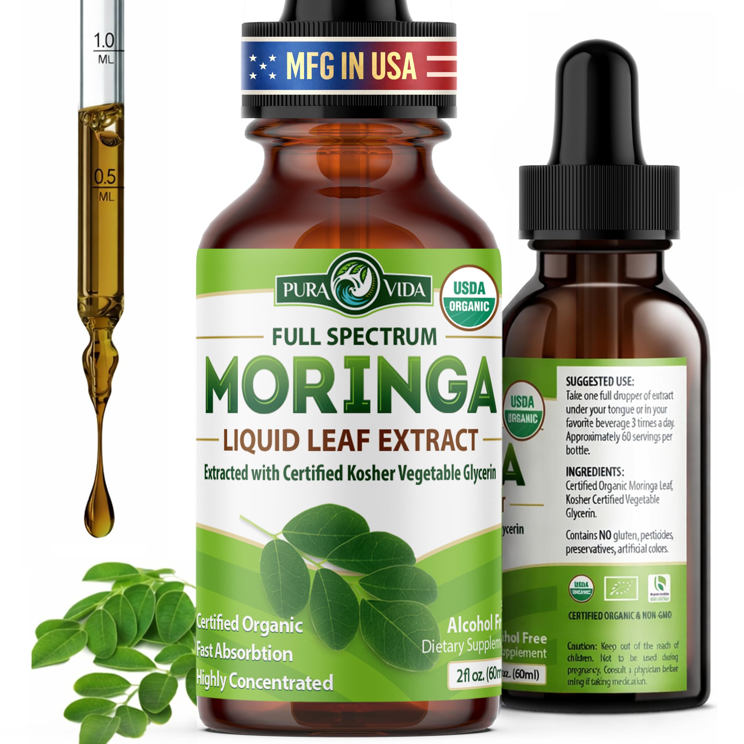 PURA VIDA Moringa Leaf Extract Liquid Bottle showing single-origin content for daily wellness