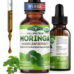 PURA VIDA Moringa Leaf Extract Liquid Bottle showing single-origin content for daily wellness