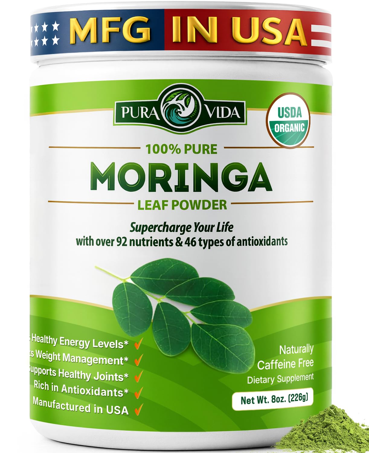 PURA VIDA MORINGA leaf powder packaging ideal for smoothies and recipes