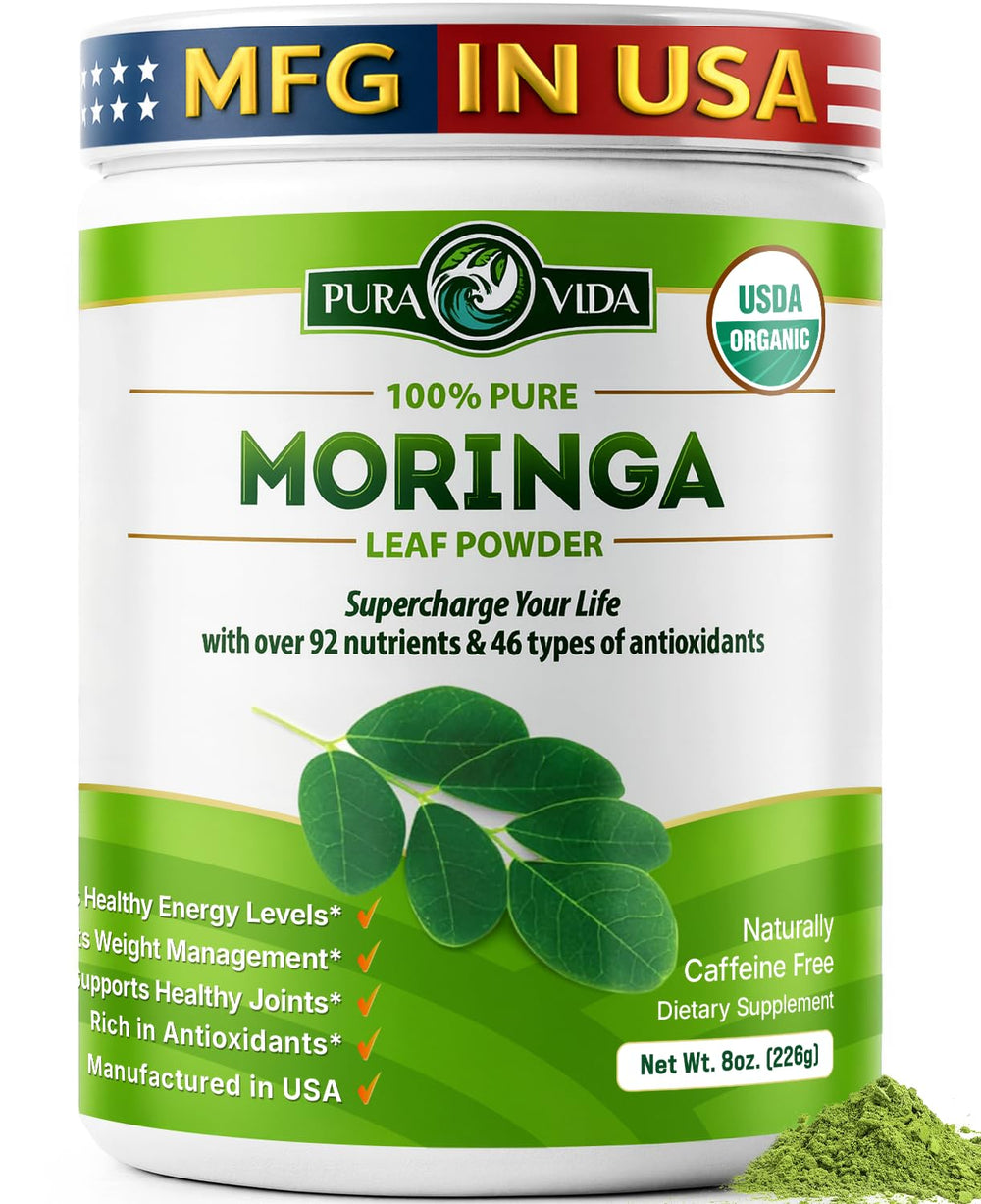 PURA VIDA MORINGA leaf powder packaging ideal for smoothies and recipes