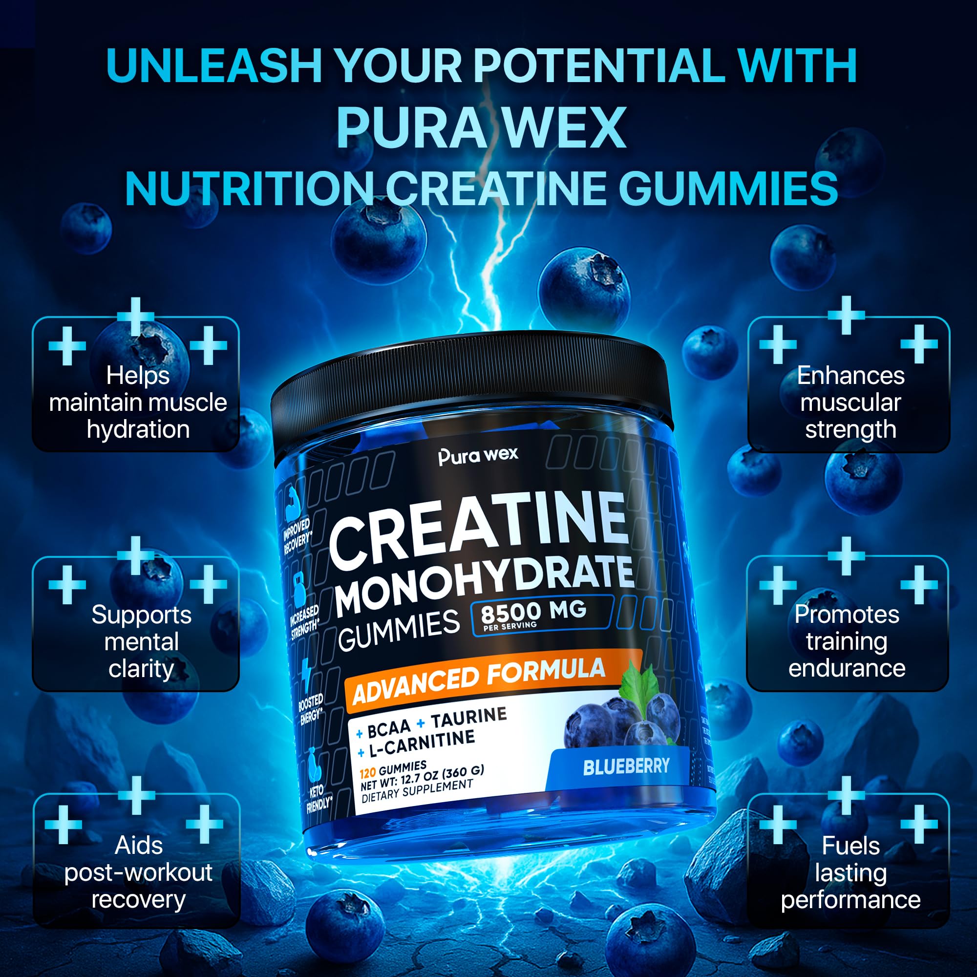 PURA WEX NUTRITION Creatine Monohydrate Gummies 8500mg Complex – Pre-Workout Chews, Sugar Free, Vegan, Blueberry (120 Count) - Perla Store | The Ultimate A to Z Marketplace for Every Need in Canada