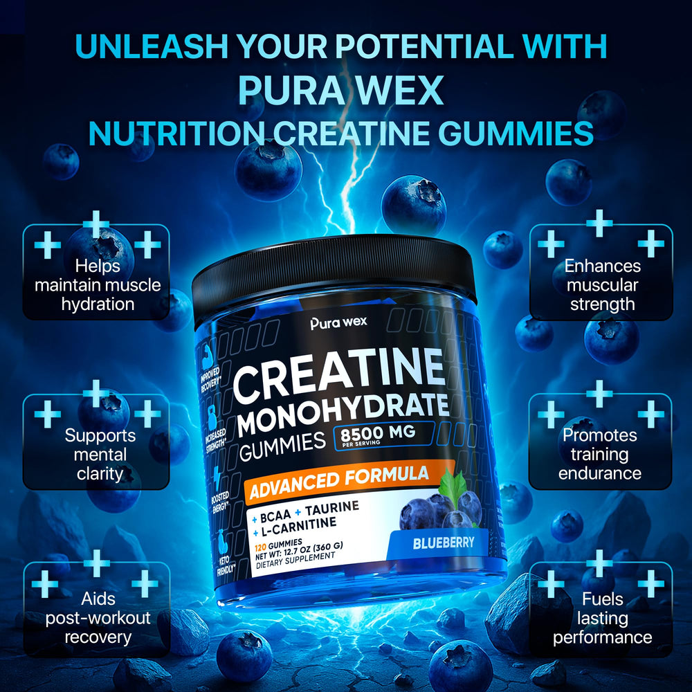 PURA WEX NUTRITION Creatine Monohydrate Gummies 8500mg Complex – Pre-Workout Chews, Sugar Free, Vegan, Blueberry (120 Count) - Perla Store | The Ultimate A to Z Marketplace for Every Need in Canada
