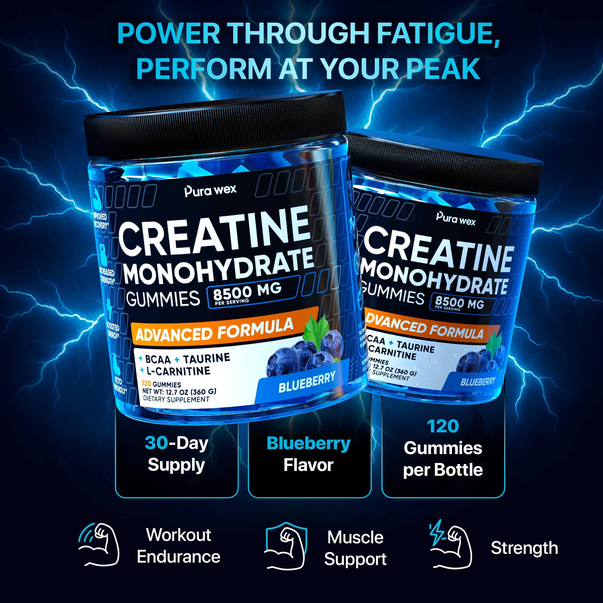 PURA WEX NUTRITION Creatine Monohydrate Gummies 8500mg Complex – Pre-Workout Chews, Sugar Free, Vegan, Blueberry (120 Count) - Perla Store | The Ultimate A to Z Marketplace for Every Need in Canada