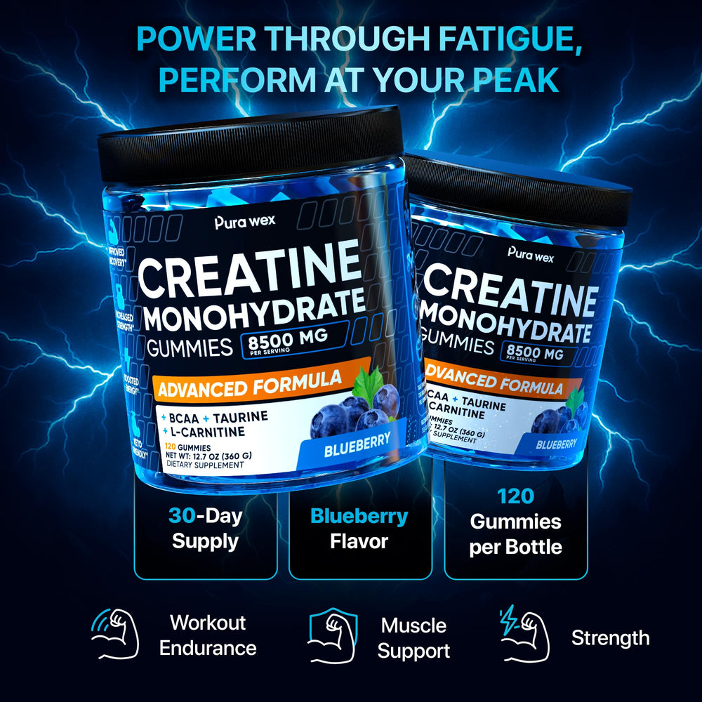 PURA WEX NUTRITION Creatine Monohydrate Gummies 8500mg Complex – Pre-Workout Chews, Sugar Free, Vegan, Blueberry (120 Count) - Perla Store | The Ultimate A to Z Marketplace for Every Need in Canada