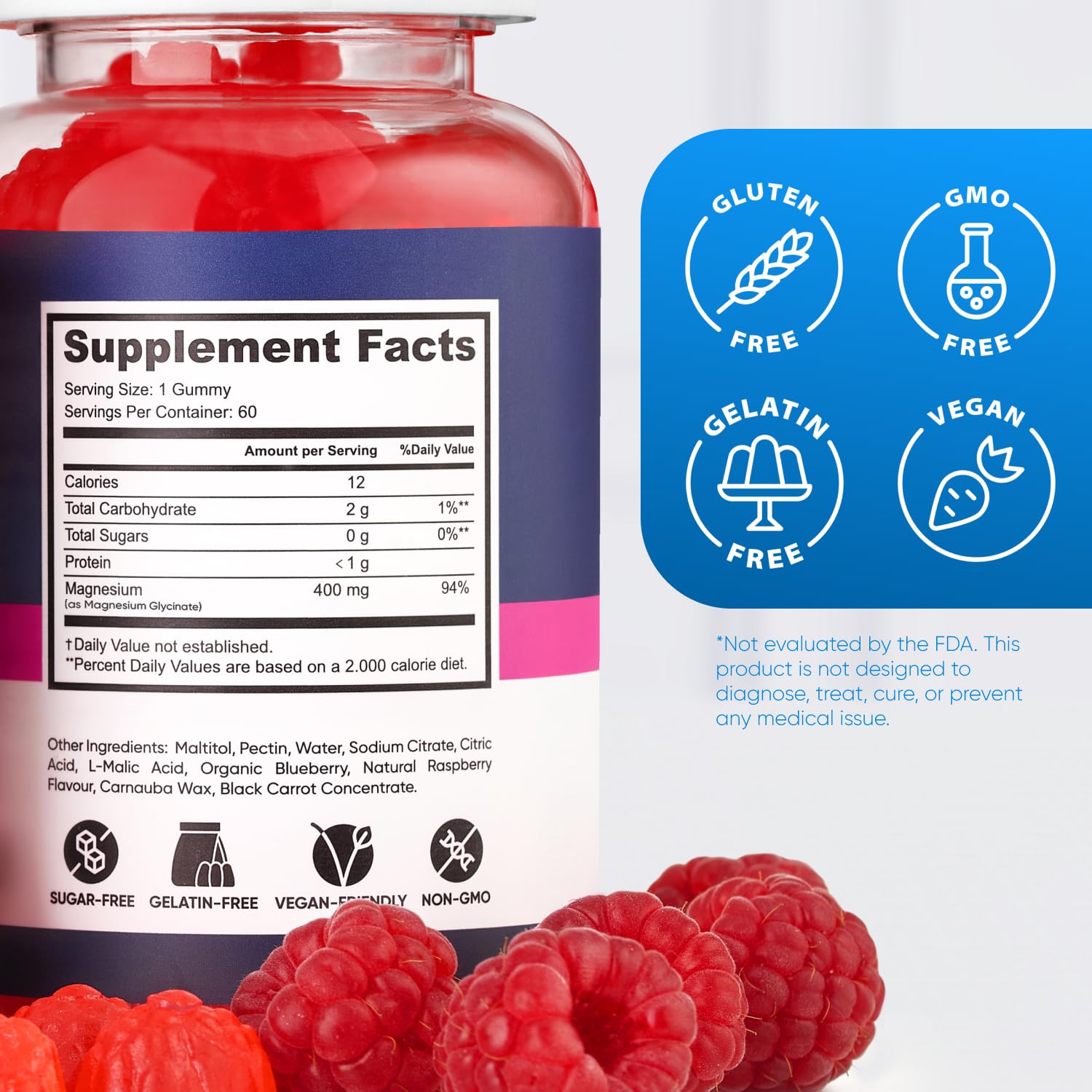 PURA WEX Magnesium Glycinate Gummies close-up showing tasty, non-GMO product