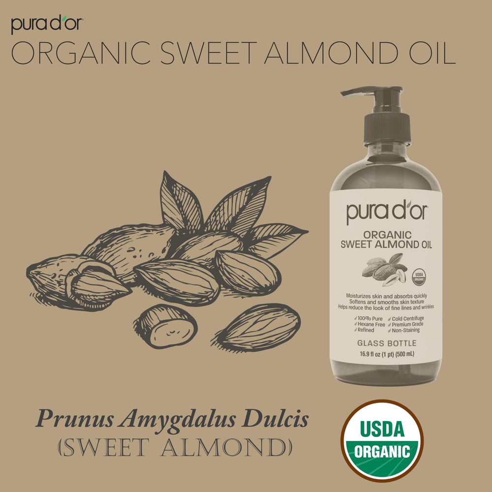 PURA D'OR almond oil used for relaxing aromatherapy massage.