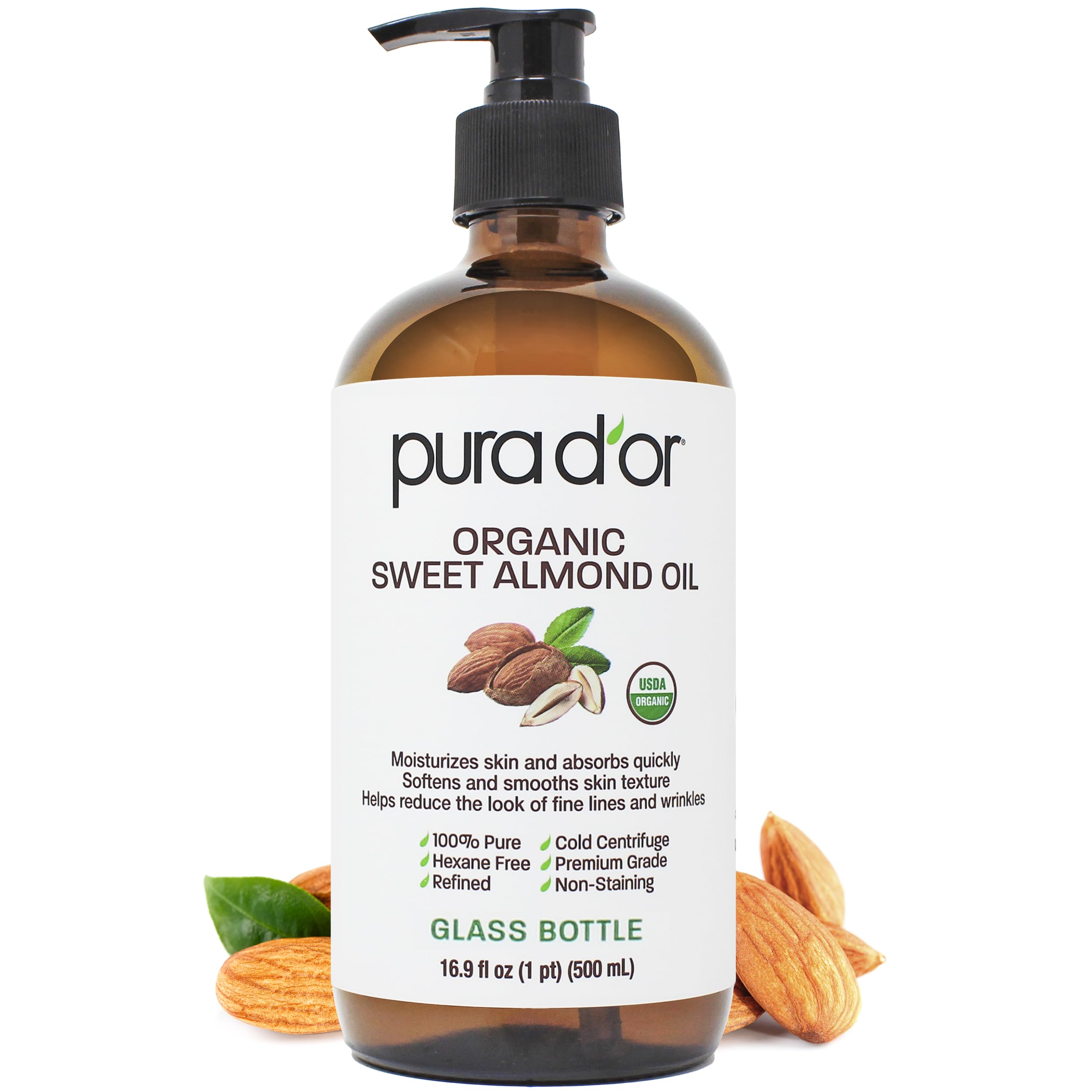 PURA D'OR Organic Sweet Almond Oil glass bottle ready for DIY skincare use.