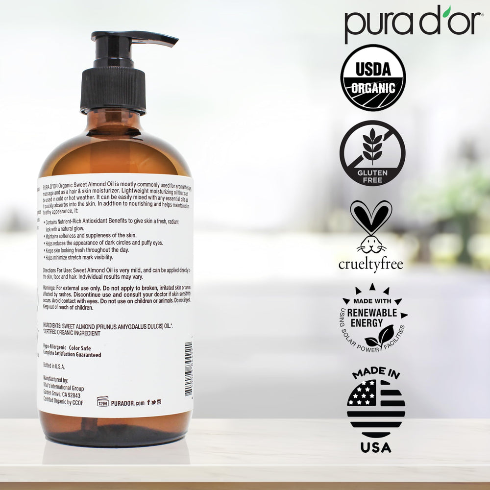 PURA D'OR organic sweet almond oil label highlighting USDA organic status.