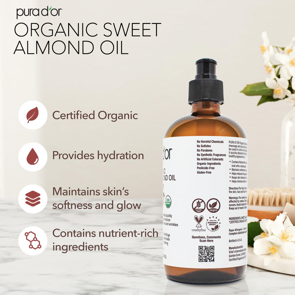 Close-up of PURA D'OR almond oil applied to skin for moisture.