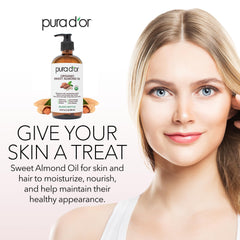 PURA D'OR almond oil used under-eye to soothe puffiness and brighten skin.