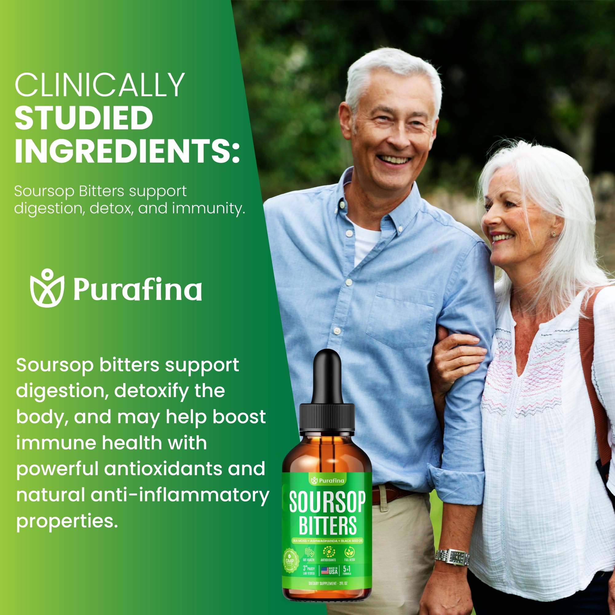 Purafina Soursop Bitters with Black Seed Oil for antioxidant-inspired balance.