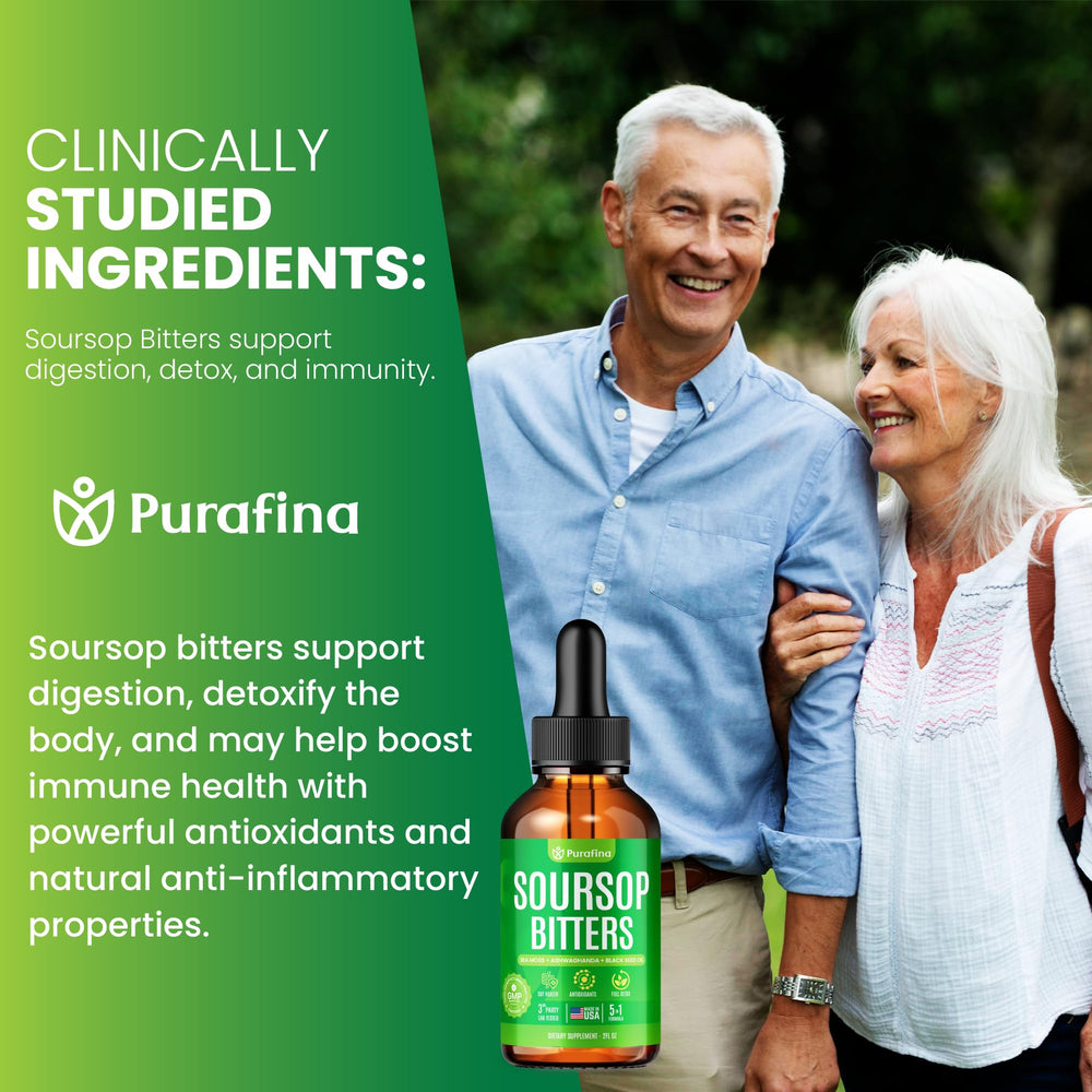 Purafina Soursop Bitters with Black Seed Oil for antioxidant-inspired balance.