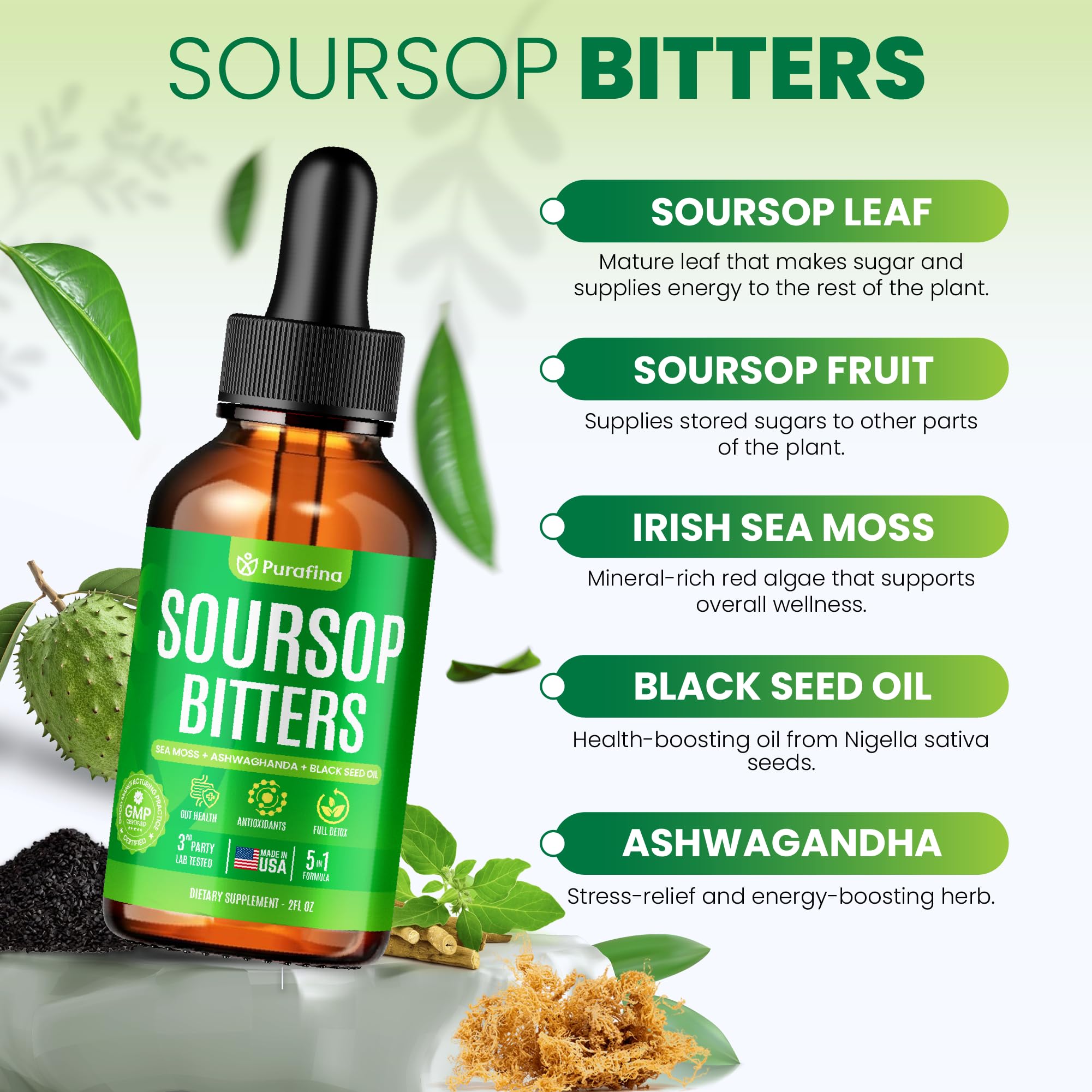 Purafina Soursop Bitters bottle cap closeup showing easy dosing.