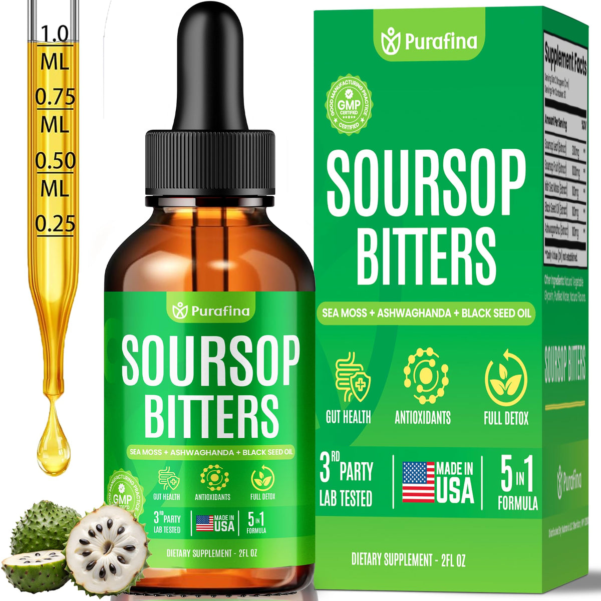 Purafina Soursop Bitters bottle on kitchen shelf for daily detox and gut balance.