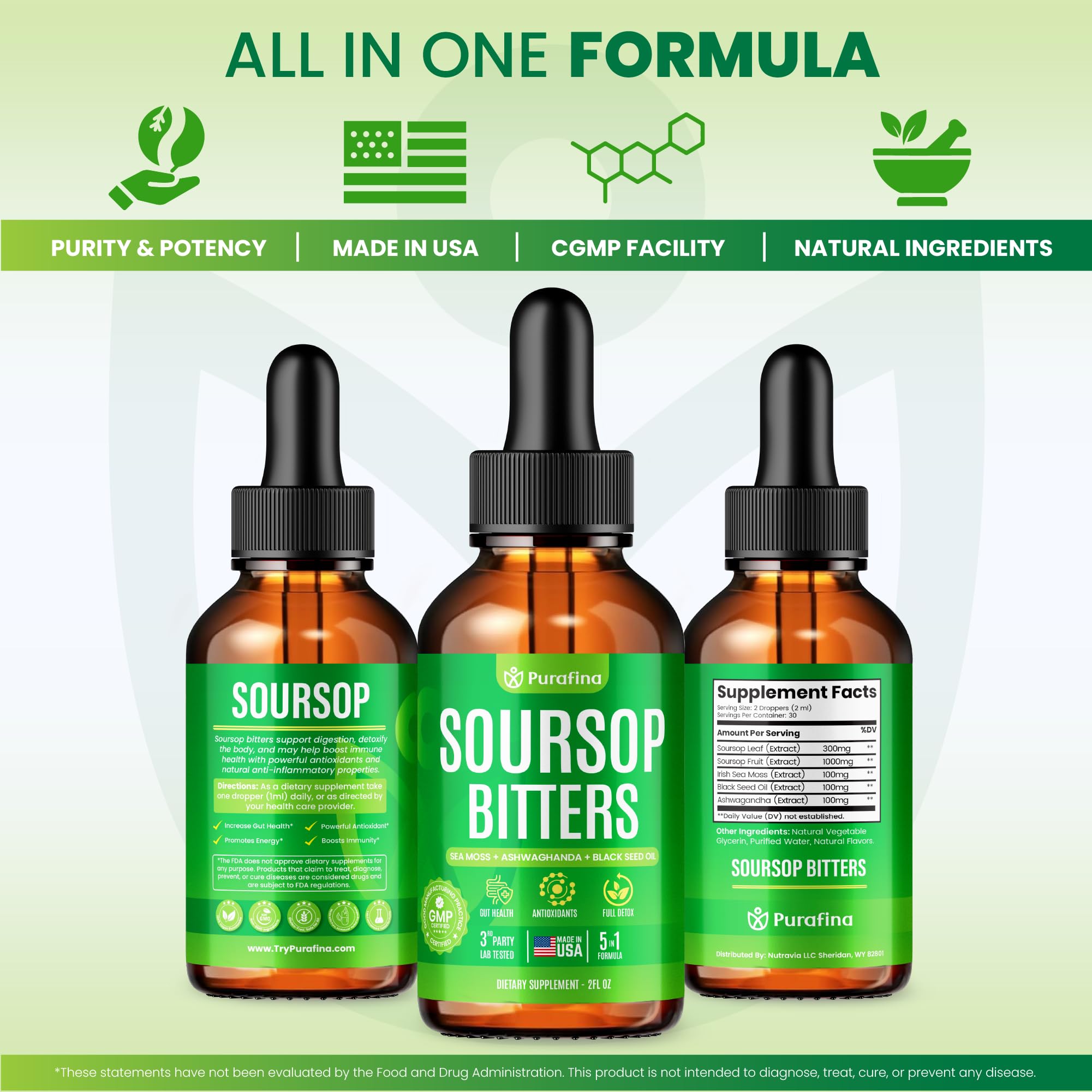 Purafina Soursop Bitters with Graviola leaf for traditional botanical balance.