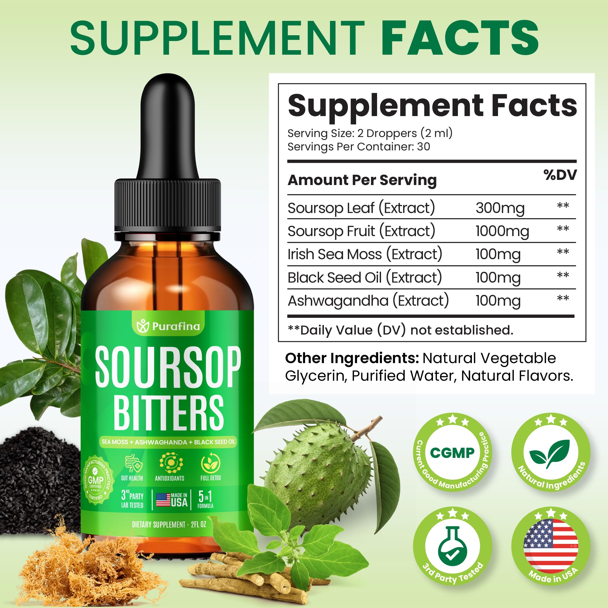 Purafina Soursop Bitters with Irish Sea Moss for mineral-rich gut support.