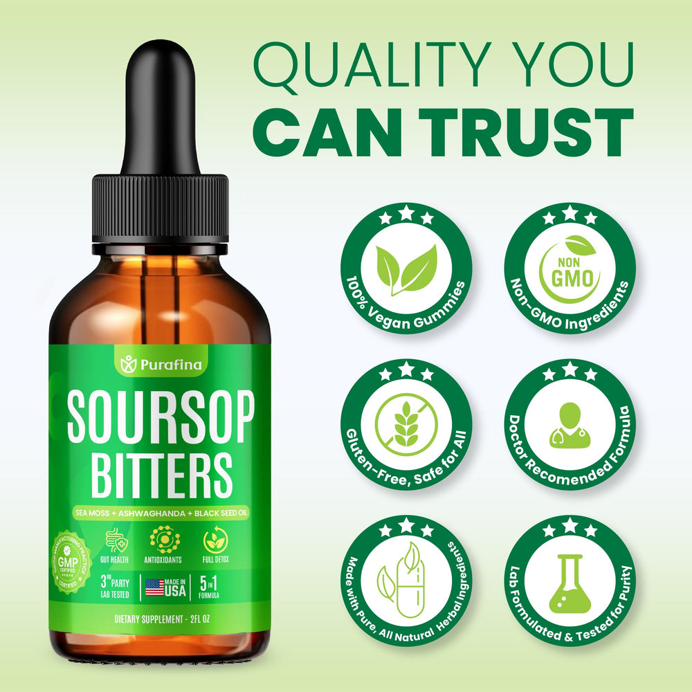 Purafina Soursop Bitters Organic soursop ingredient for pure plant-forward detox.