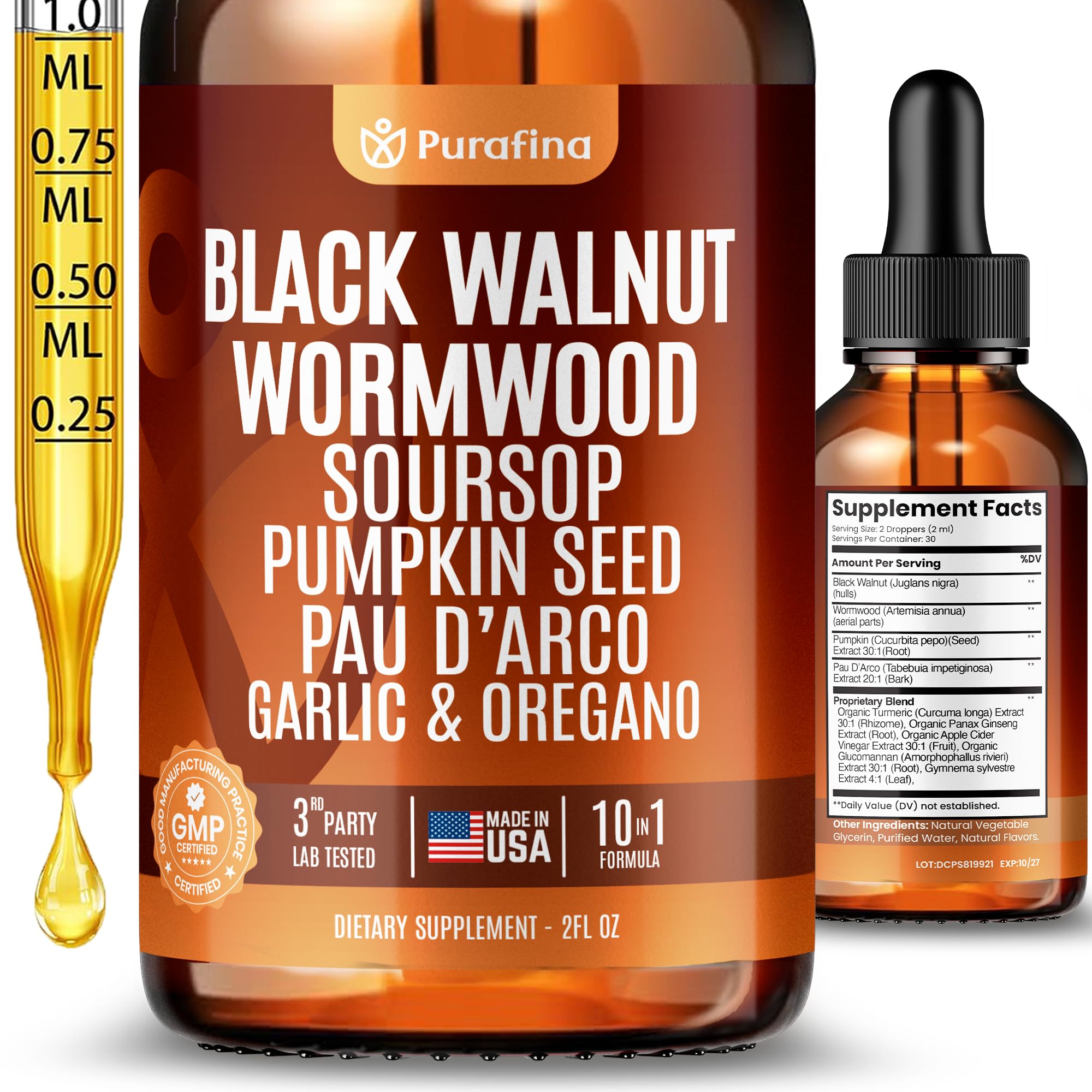 Purafina wormwood black walnut clove cleanse bottle pour for simple daily digestive support